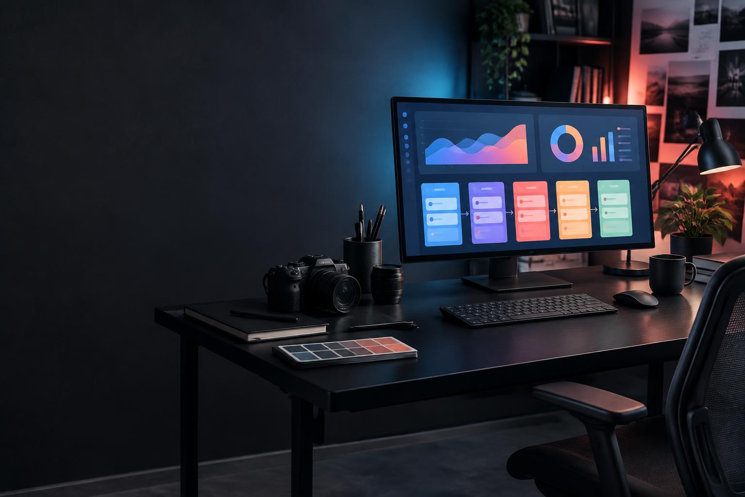 Illustrative marketing workspace with campaign and pipeline screens